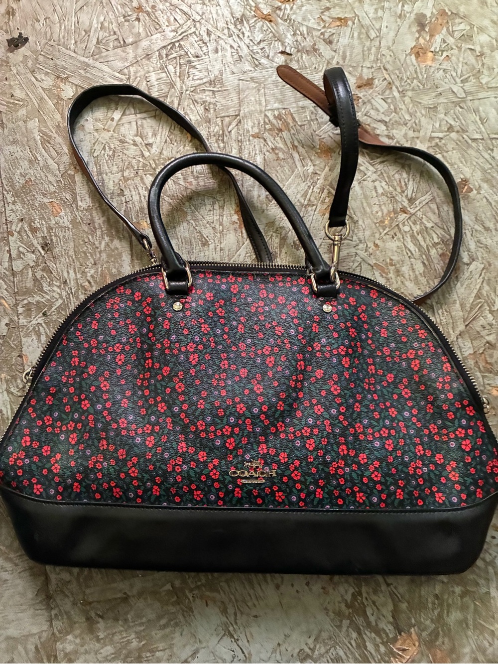 Coach Black Satchel with Red Floral Print